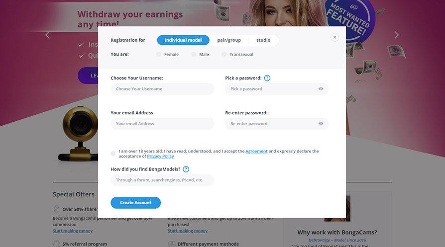Snel aanmelden als webcammodel bij BongaModels