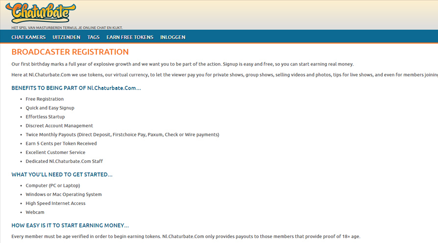 Aanmelden als webcammodel bij Chaturbate