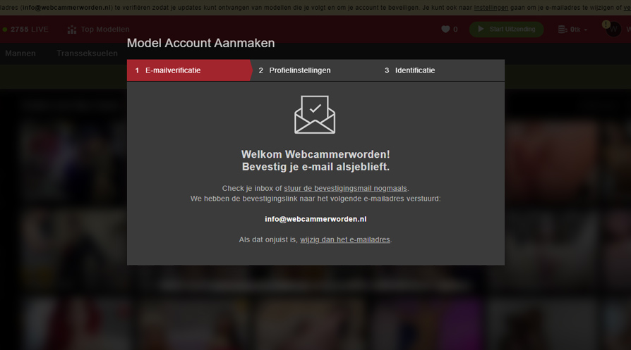 Bevestiging email voor aanmelden webcammodel